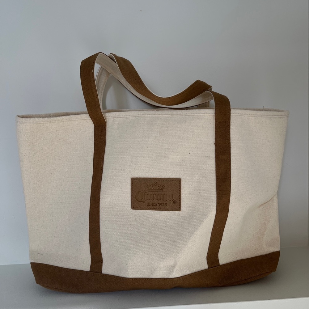 CORONA Since 1925 Beach Tote Two Tone Canvas Neutral Vacation Travel Beachy